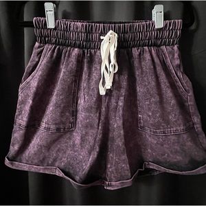 Zenana-Mineral Washed Cuffed Drawstring Shorts. Color: Blackberry